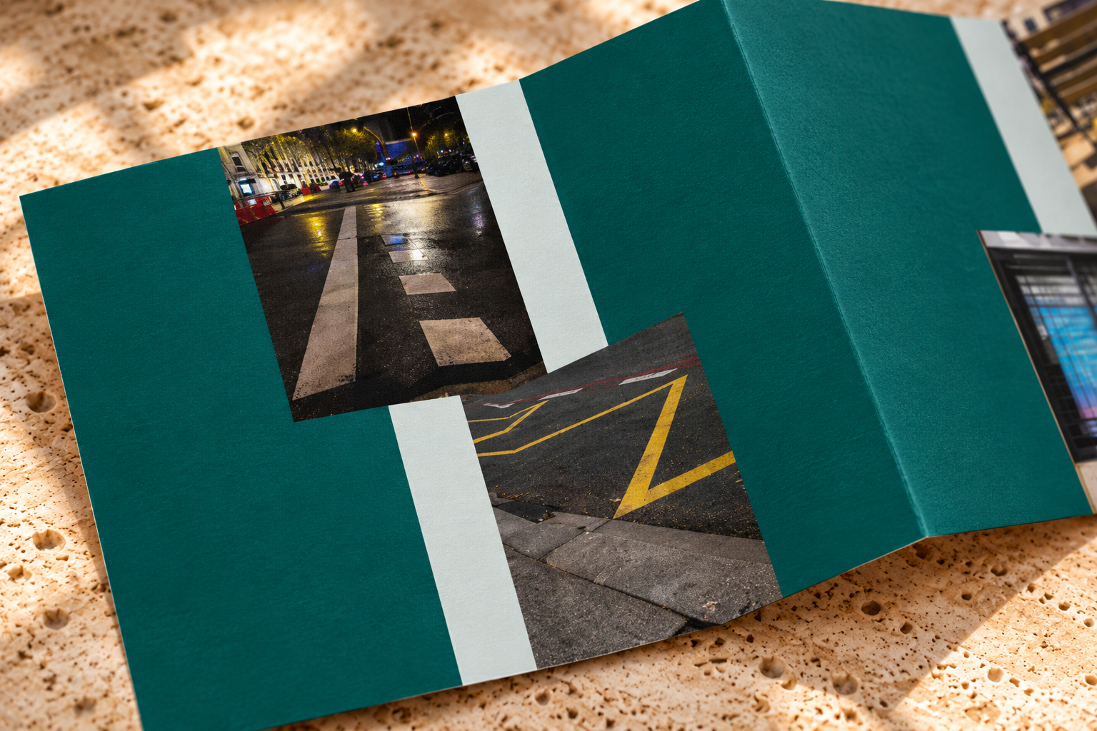 Detail of contrasting photographs and the leporello folds